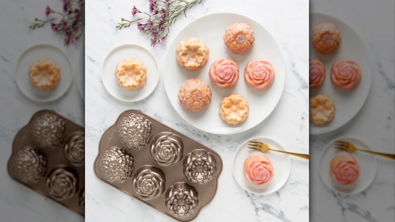 Bouquet cast cakelet pan on counter with baked goods
