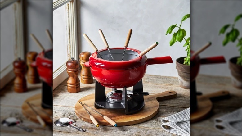Fondue set on kitchen counter