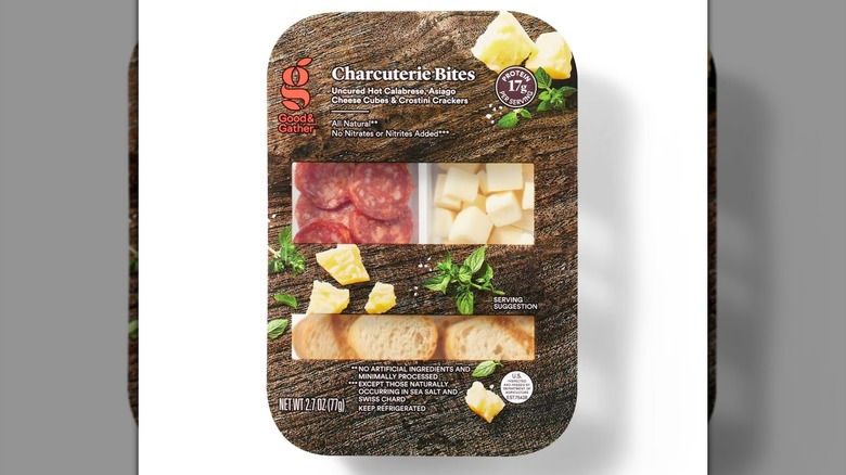 Good & Gather Charcuterie Bites with Hot Calabrese, Asiago Cheese Cubes, and Crostini Crackers on a white background