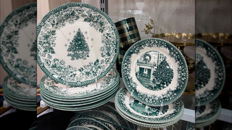 Christmas tree plates on display at HomeGoods