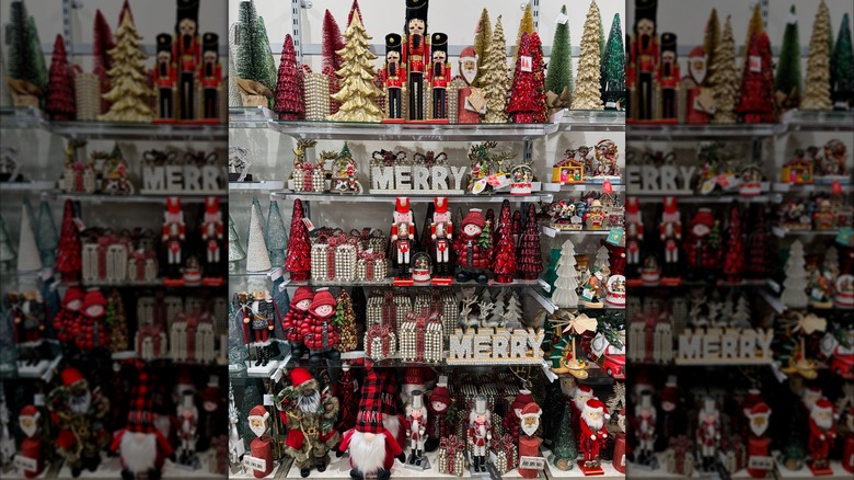 Multiple shelves full of winter and Christmas tabletop decor