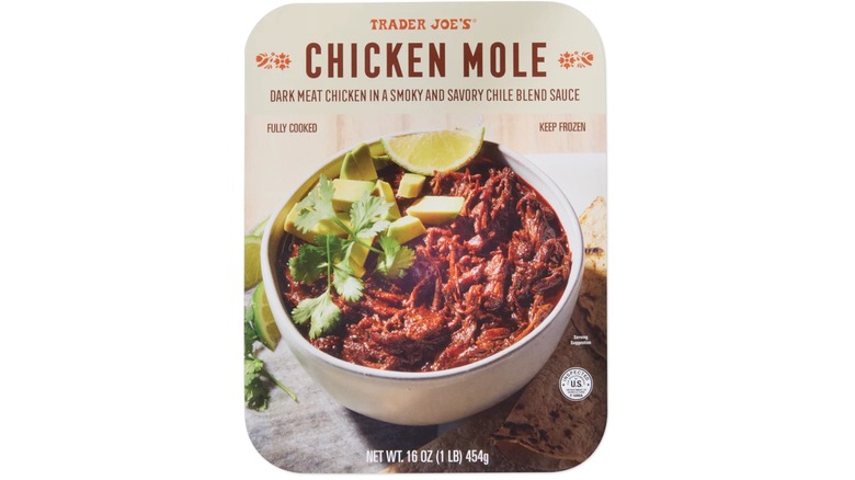 Package of Trader Joe's Chicken Mole against white background.