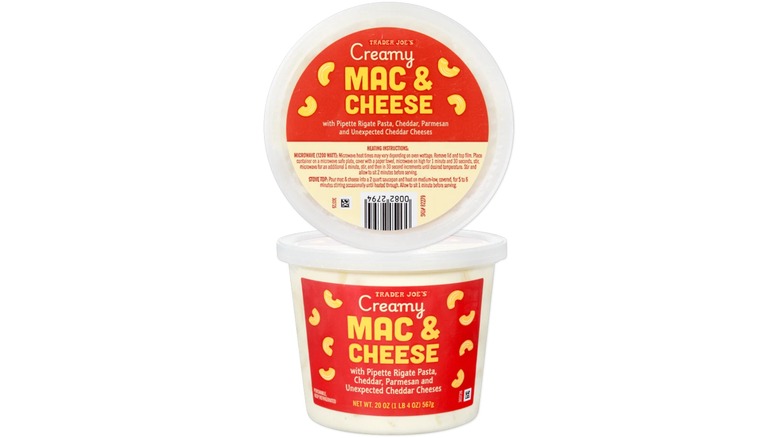 Tub of Trader Joe's Creamy Mac & Cheese against white background.