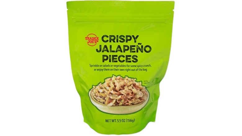Bag of Trader Joe's Crispy Jalapeño Pieces against white background.