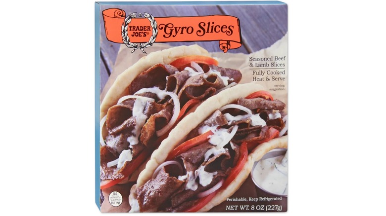 Box of Trader Joe's Gyro Slices against white background.