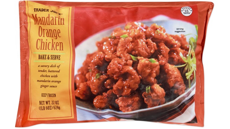 Bag of Trader Joe's Mandarin Orange Chicken against white background.