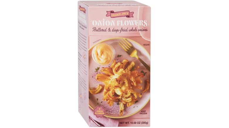 Box of Trader Joe's Onion Flowers against white background.