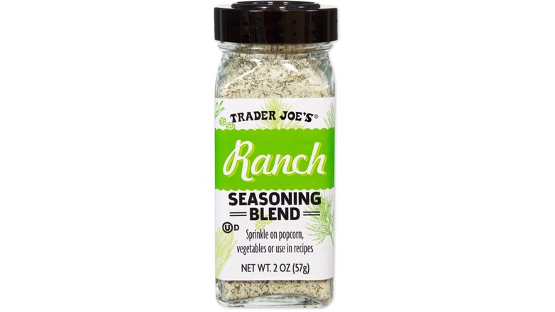 Shaker of Trader Joe's Ranch Seasoning Blend against white background.