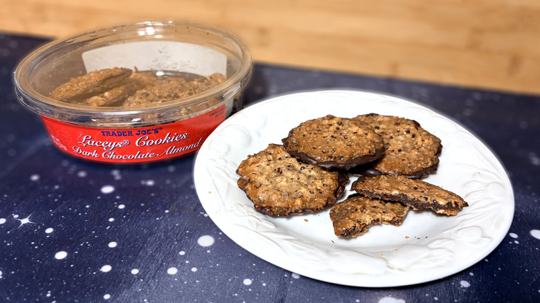 Laceys cookies on plate next to product package