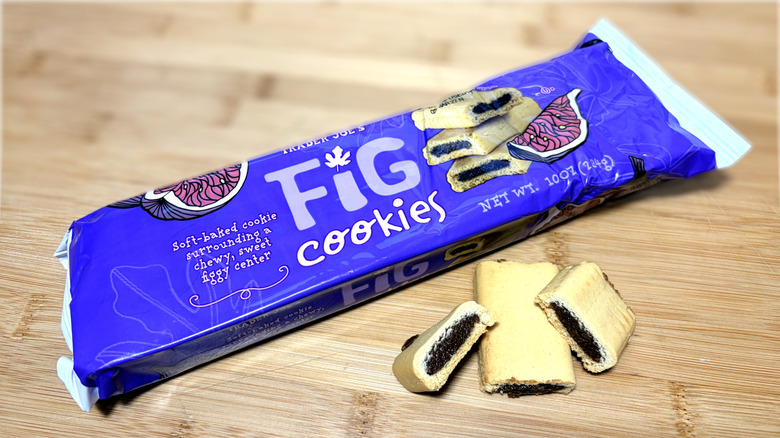 Fig cookies on cutting board next to product package