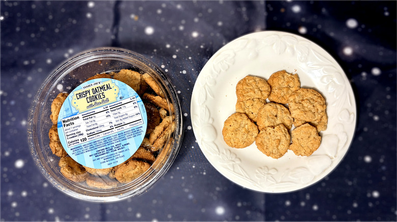 Oatmeal cookies on plate next to product package
