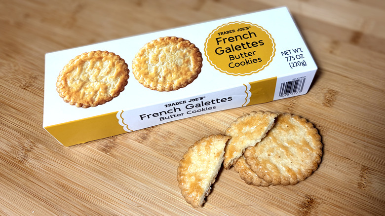 french galette cookies on cutting board next to product box