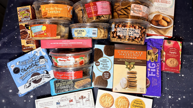 Variety of Trader Joe's cookies in their packages arranged on table