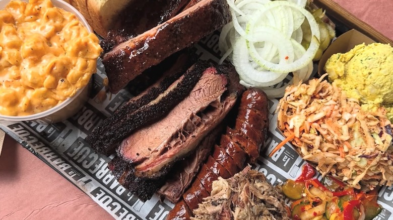 Tray of various BBQ items & sides from la Barbecue