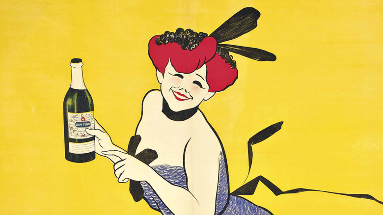 A drawing of a woman with red hair in a purple dress dancing with a bottle of absinthe, circa 1910