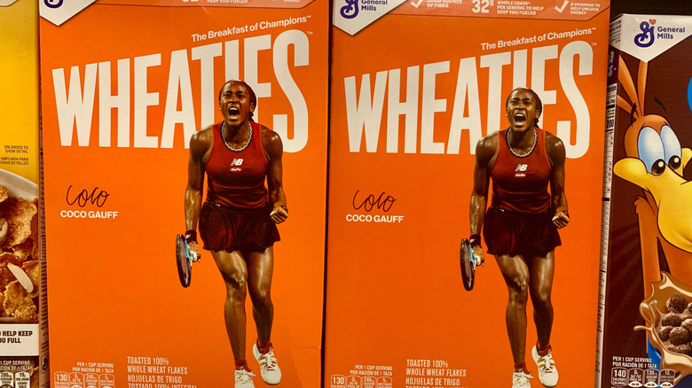 Boxes of Wheaties, with tennis player Coco Gauff on the front of the box