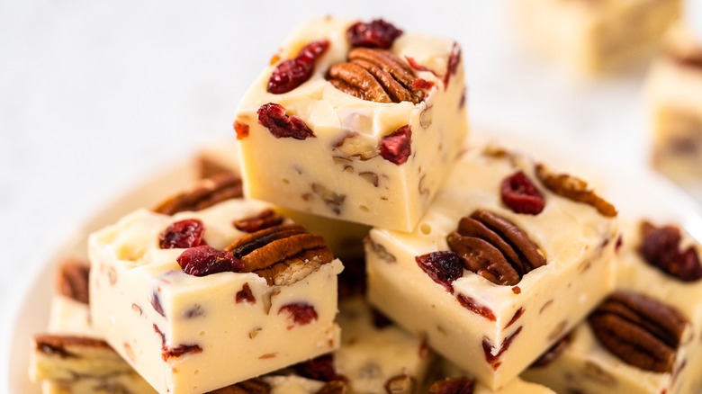 White chocolate fudge with pecans and cranberries