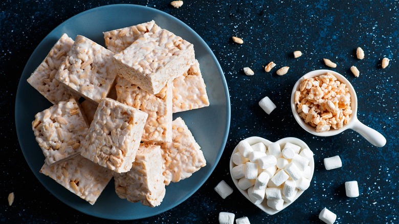 Rice Kispies treats on blue plate 