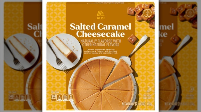 Salted caramel cheesecake on white background