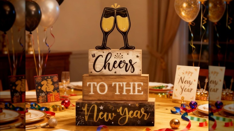 Moucuny New Year Wooden Table Decor on table