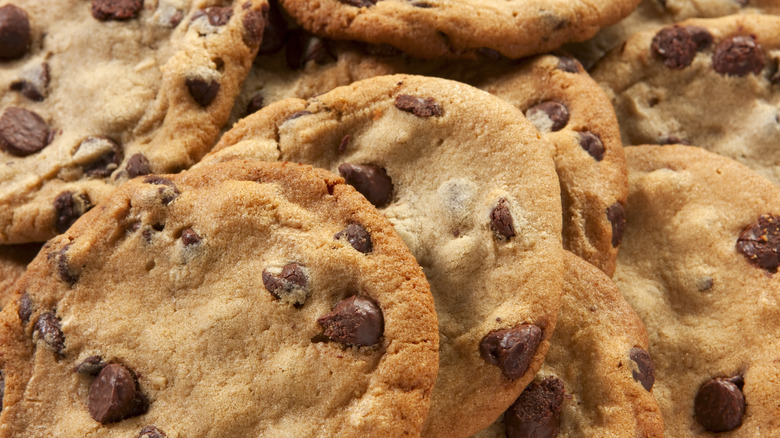 A pile of chocolate chip cookies