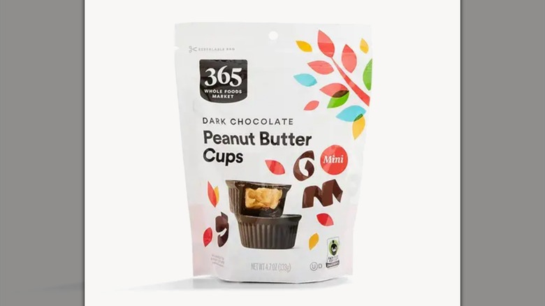 A bag of 365 by Whole Foods Market Mini Dark Chocolate Peanut Butter Cups on a white background