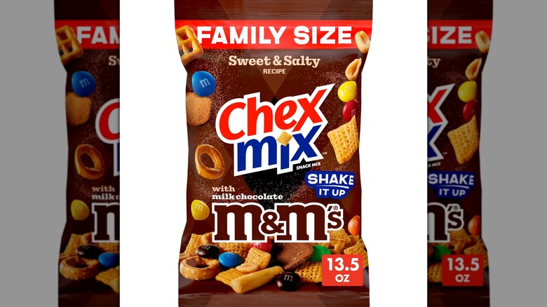 A bag of Chex Mix Sweet and Salty Snack Mix on a white background