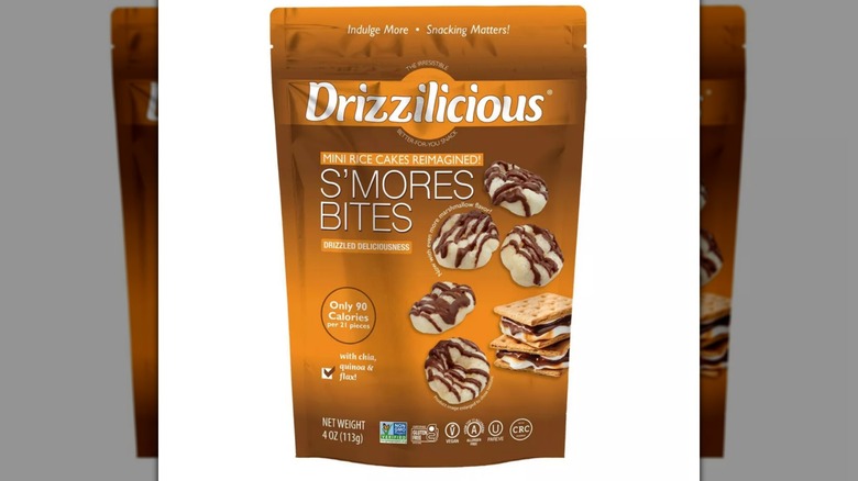 A bag of Drizzilicious S'mores Drizzled Mini Rice Cakes on a white background