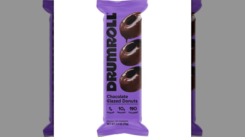 Drumroll Snacks Chocolate Glazed Mini Donuts on a white background
