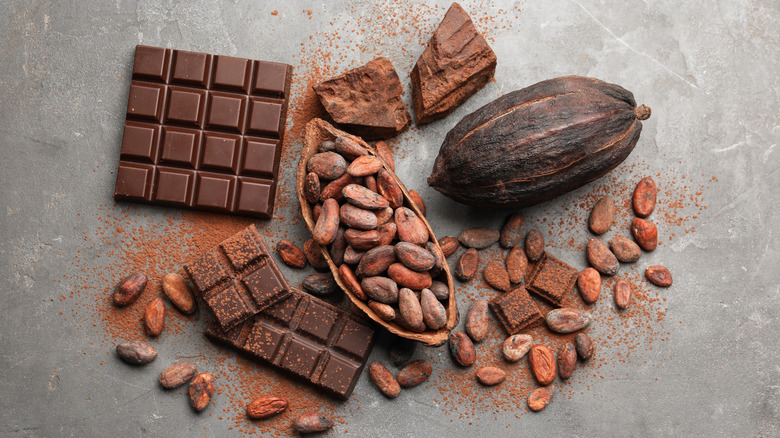Cocoa beans with chocolate bars in a pile