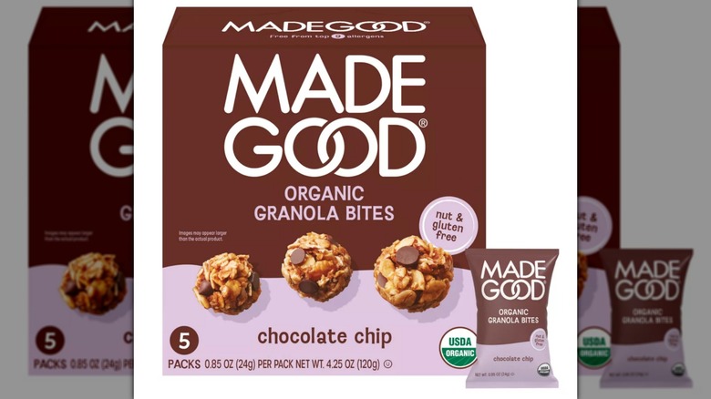 A box of MadeGood Chocolate Chip Organic Granola Bites on a white background