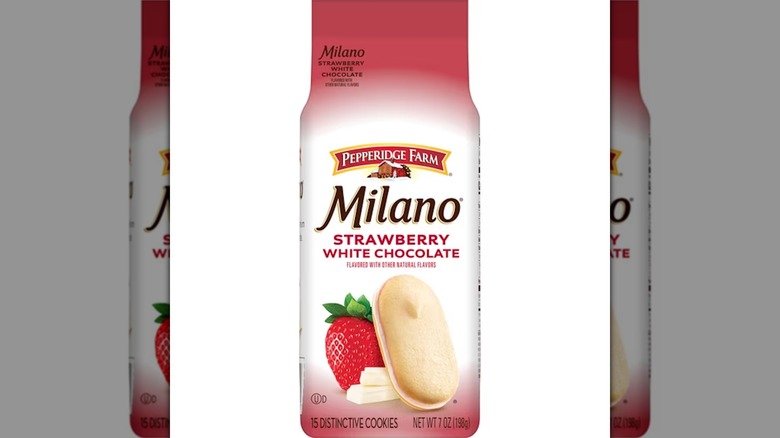 A bag of Pepperidge Farm Milano White Chocolate Strawberry Flavored Cookies on a white background