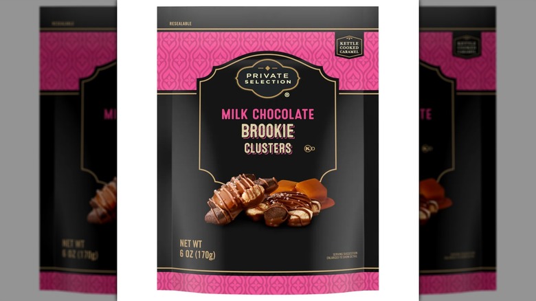 A bag of Private Selection Milk Chocolate Brookie Clusters on a white background