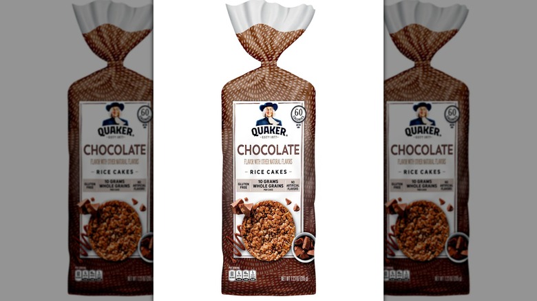 A bag of Quaker Chocolate Rice Cakes on a white background