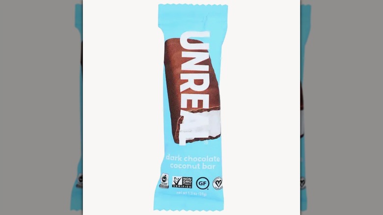 An Unreal Dark Chocolate Coconut Bar on a white background