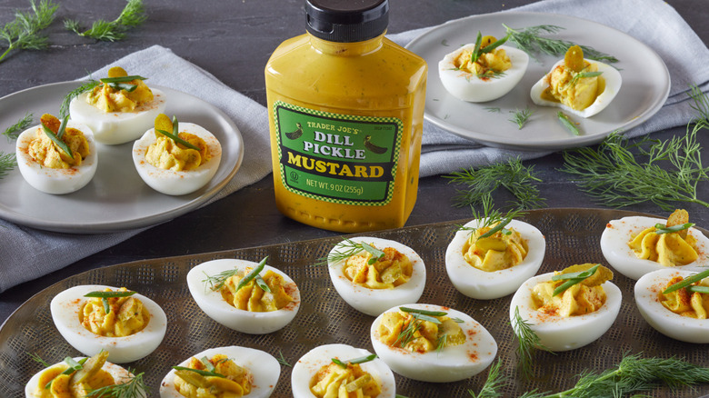 Dill pickle mustard with deviled eggs