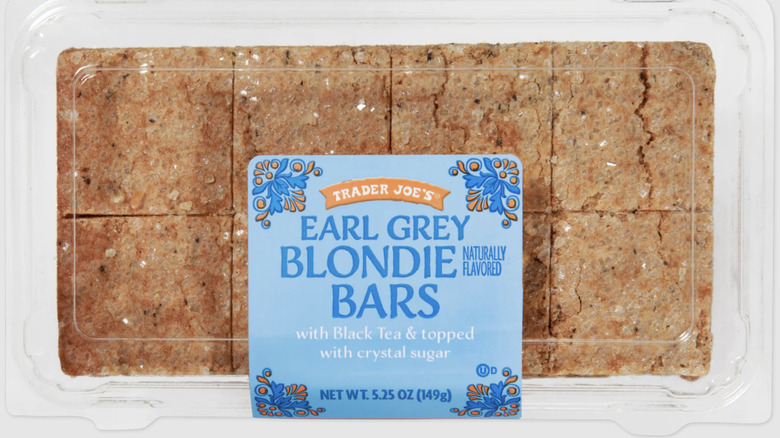 Earl Grey blondie bars on white background