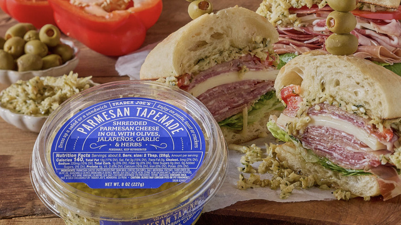 Parmesan tapenade jar with sandwich