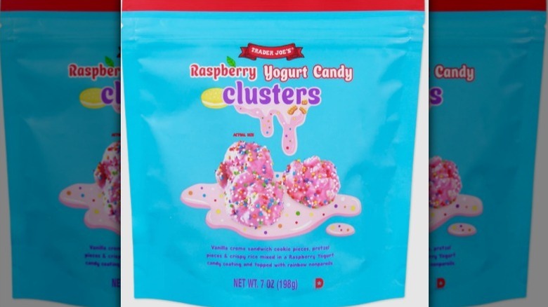 Raspberry yogurt candy clusters on white background