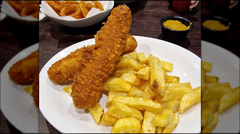 Battered sausage and chips plate