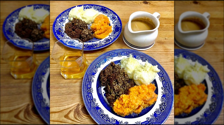 Haggis, neeps, and tatties plated