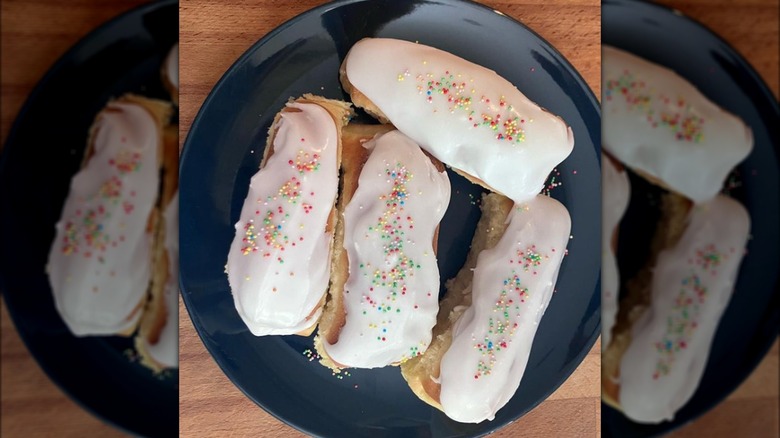 Iced buns on a plate