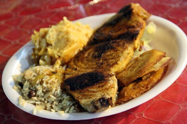 Blackened Mahimahi with Rice and Macaroni Pie