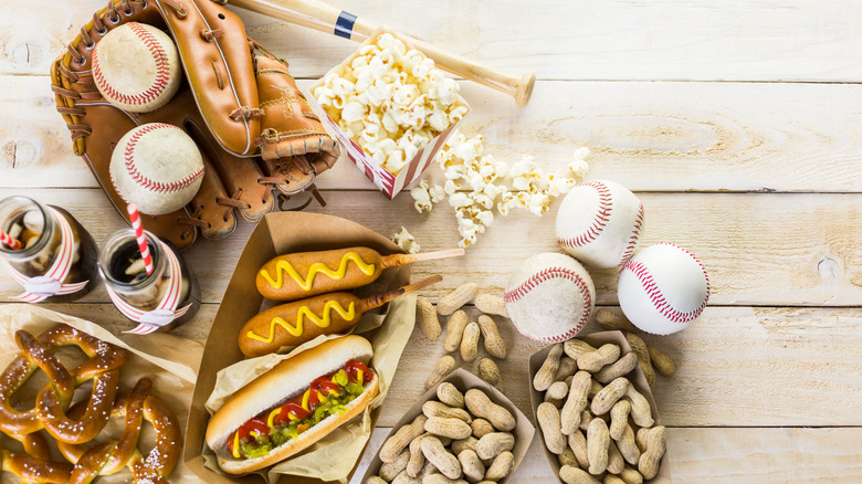 Baseball corndogs pretzels peanuts popcorn