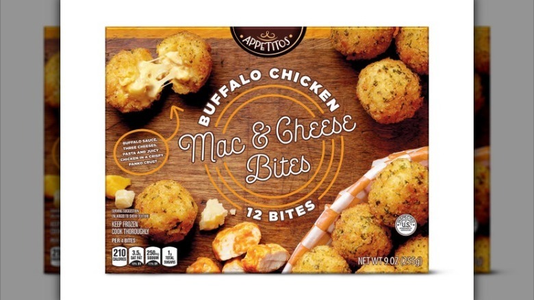 Buffalo chicken mac and cheese bites on white background