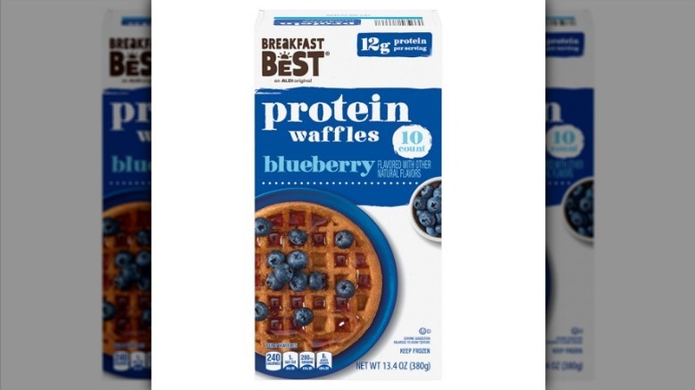 Blueberry protein waffles on white background