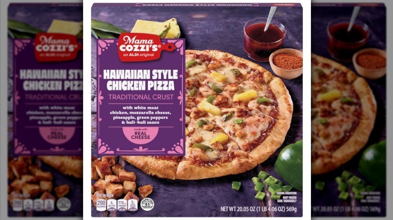 Hawaiian style chicken pizza on white background