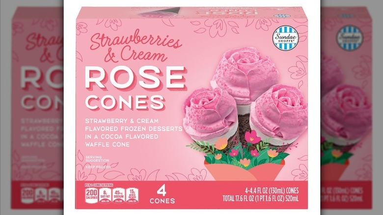 Strawberries and cream rose cones on white background