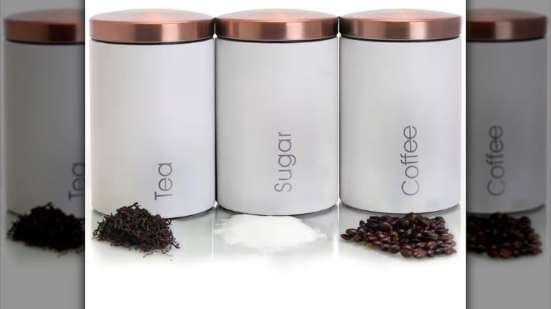 Labeled storage containers on white background