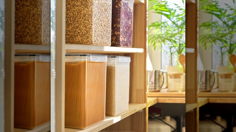 Four large food storage containers on kitchen shelves.